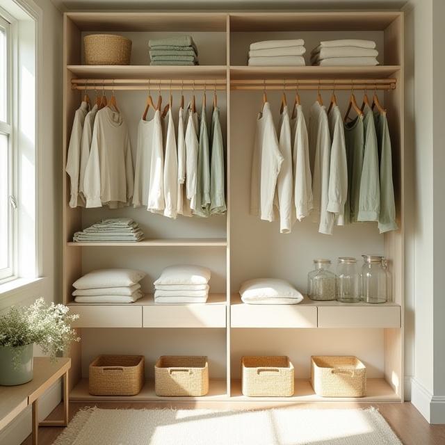 Beautiful organized closet with island aesthetics