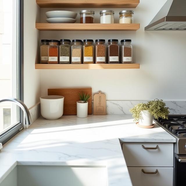 Organized modern kitchen with color-coded spice rack