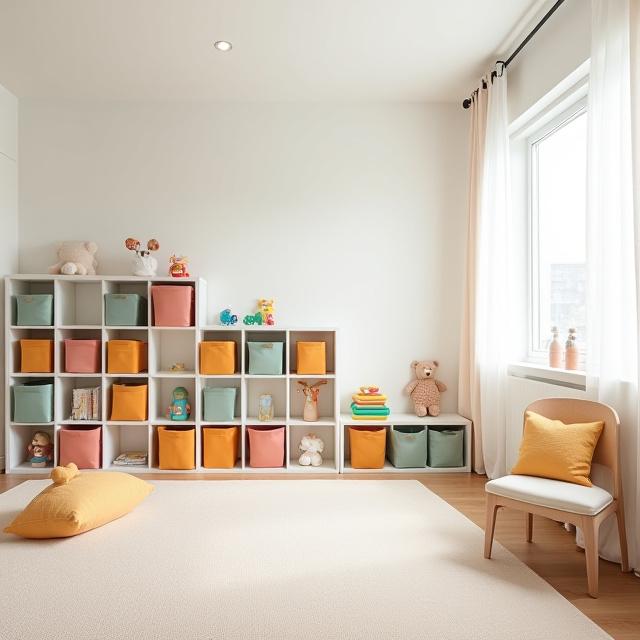 Whimsical kids playroom with labeled cubbies and low shelving