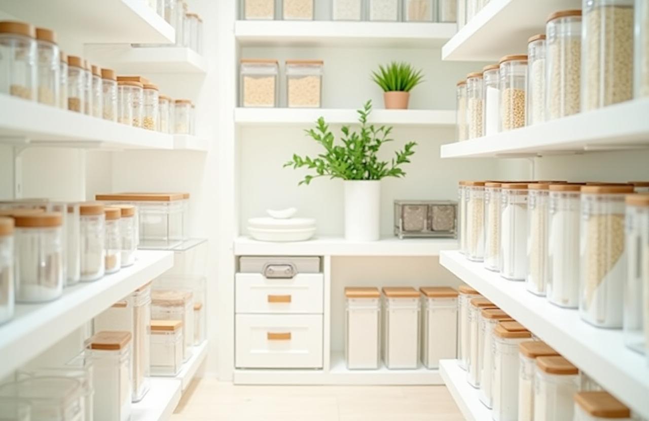 Stunning organized home pantry with clear bins and bamboo lids