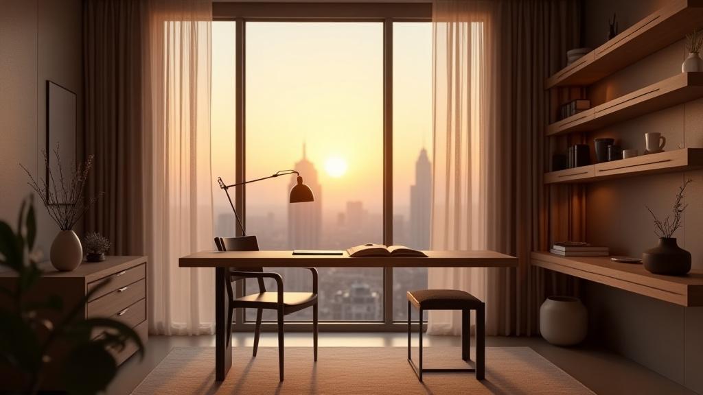 Sun-drenched home office with minimalist wooden desk and floating shelves