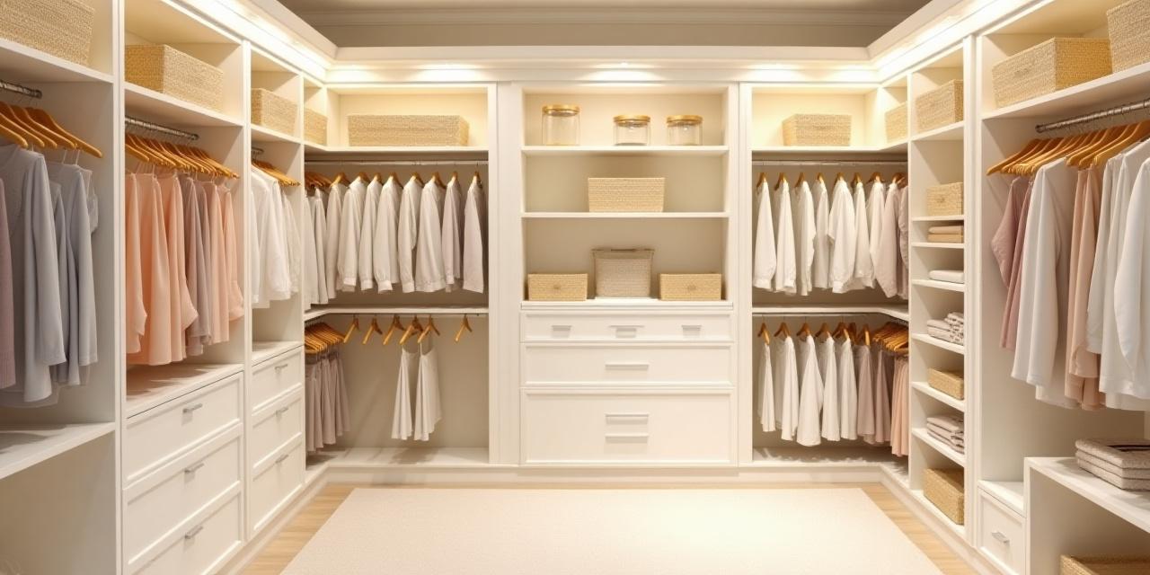 Expansive minimalist closet with wooden hangers and neutral tones