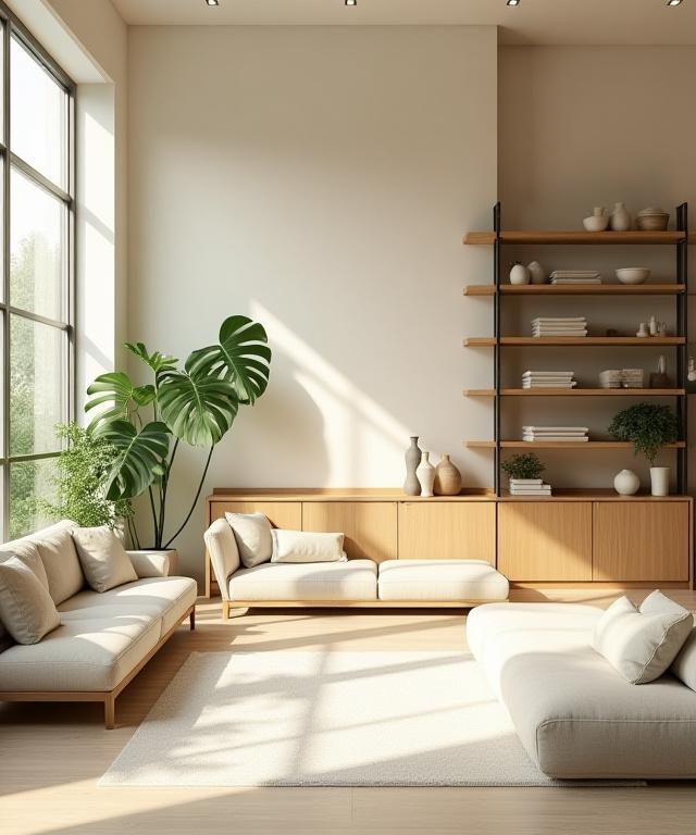 Sun-drenched, perfectly organized living room with monstera plants and neutral tones