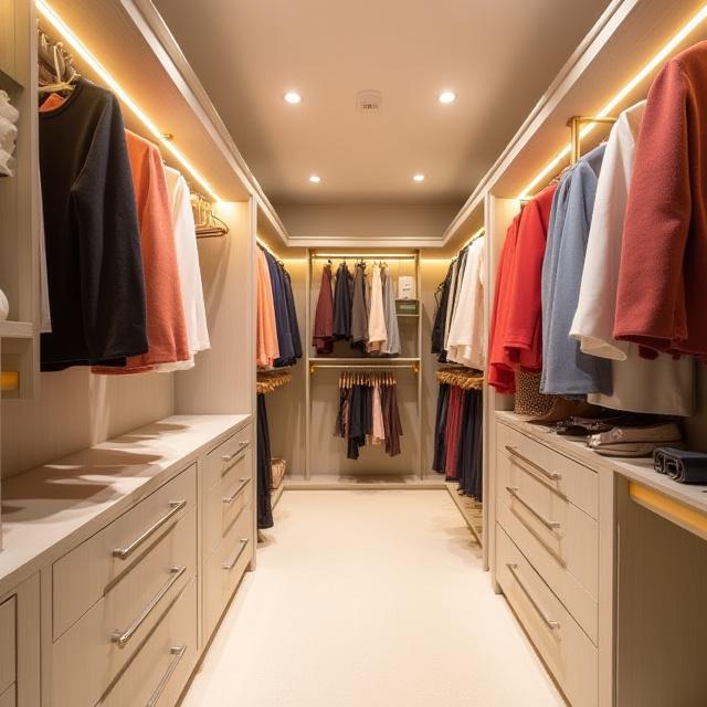 Walk-in closet with velvet hangers and glass front drawers