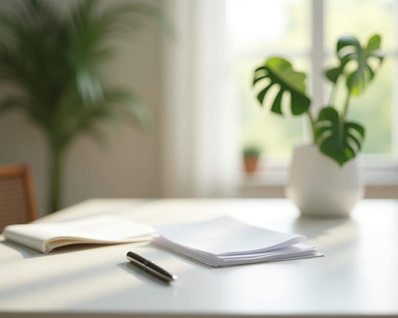 Clean organized desk with legal documents and island greenery
