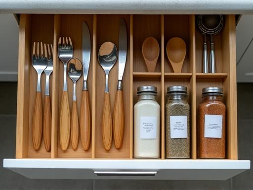 Overhead shot of perfectly organized kitchen drawers with custom bamboo inserts